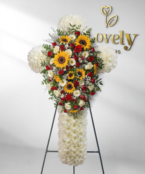 Radiant Sunflower and Red Rose Funeral Cross