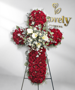 Elegant Red Rose and Calla Lily Memorial Cross Standing Spray