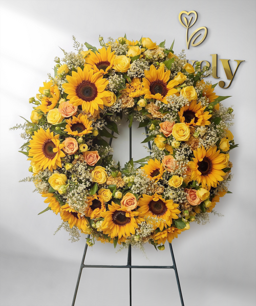 Sunflower and Yellow Rose Funeral Standing Spray Wreath