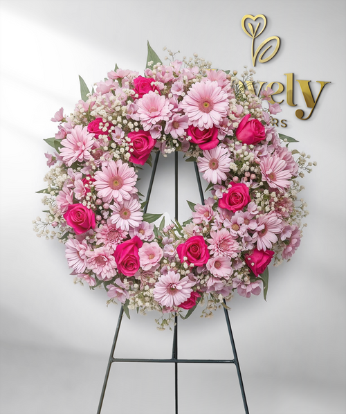 Radiant Pink & soft pink Gerbera Daisy Funeral Wreath