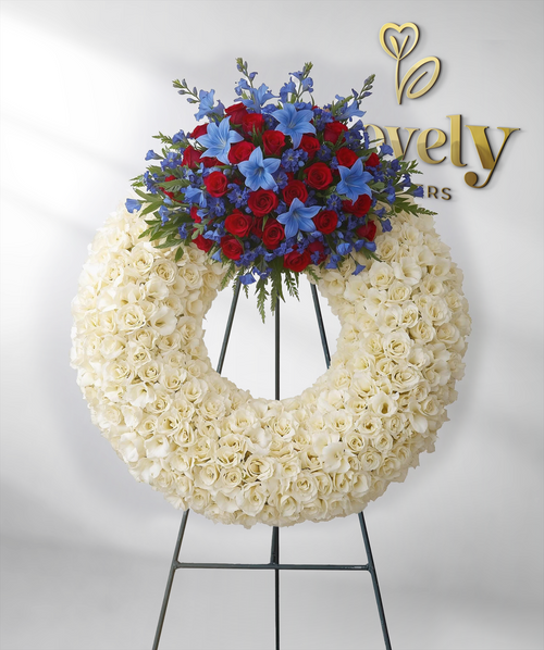 Eternal White Rose Spray with Red Roses and Blue Lilies