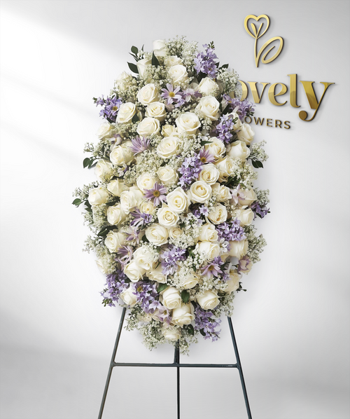 Elegant White Rose and Lavender Sympathy Standing Spray
