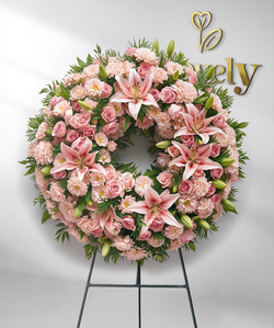 Graceful Pink Lily and Rose Funeral Wreath