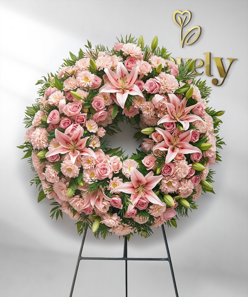 Graceful Pink Lily and Rose Funeral Wreath