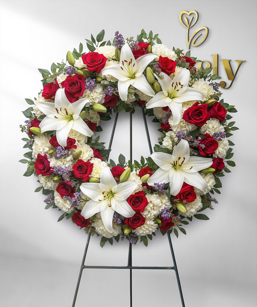 Majestic Red Rose & Large White Lily Funeral Wreath
