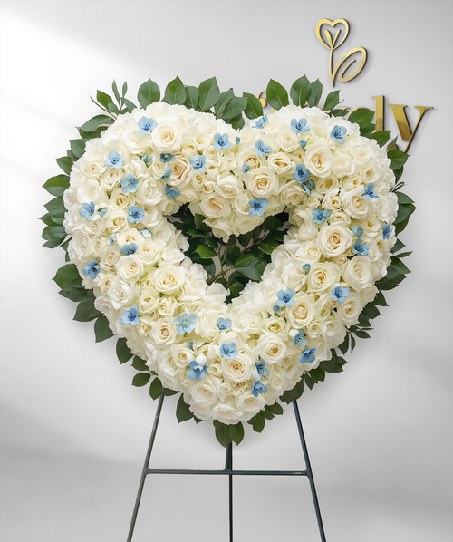 Serene Grace White Rose & Blue Flax Heart Spray
