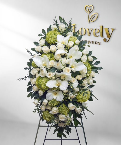 Exquisite Grace: White Orchid, Rose, and Green Hydrangea Standing Spray