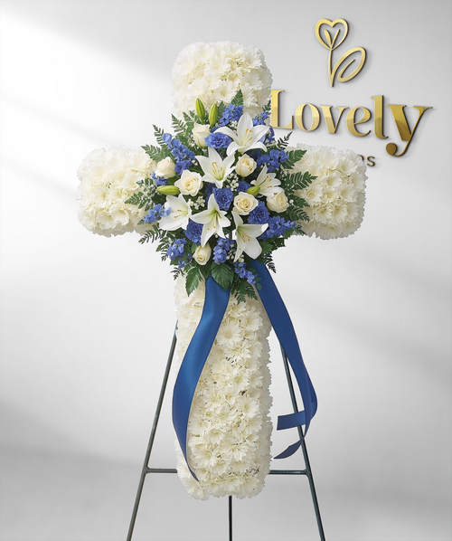 Serene Blue & White Standing Funeral Cross Spray