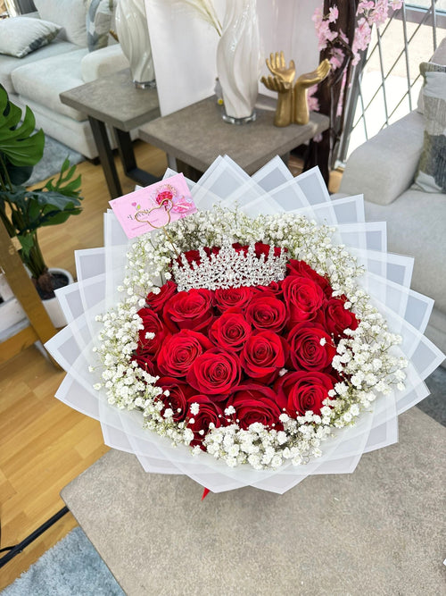 25 Red Roses with Baby Breath Rim