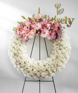 Elegant White Rose Funeral Wreath with Pink Gerberas & Lily Accents