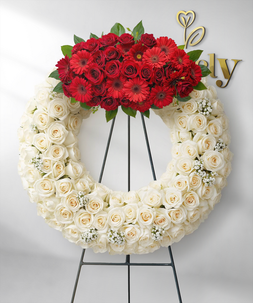 Premium White Rose Funeral Wreath with Red Roses & Gerbera Accent