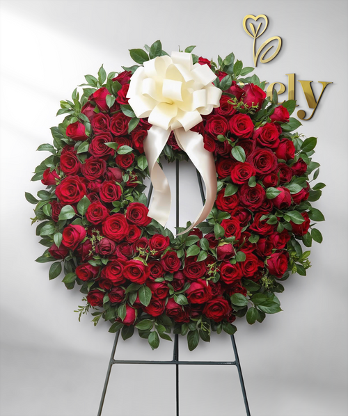 Premium All-Red Rose Funeral Wreath with Elegant White Ribbon