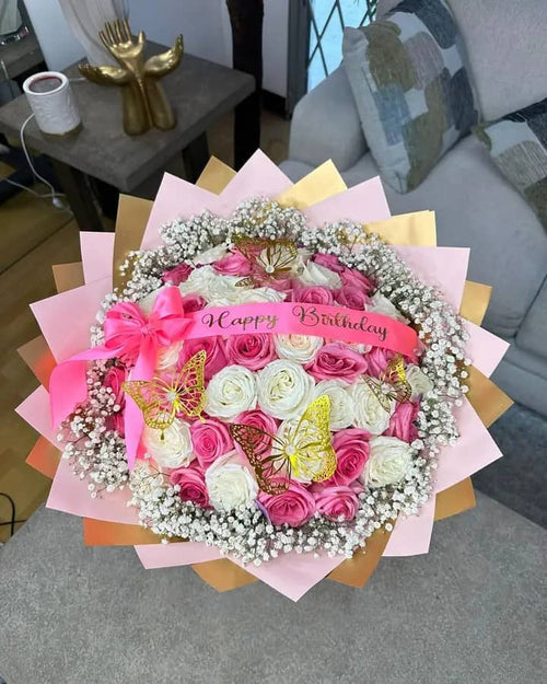 50 Roses white and Pink with gold pink paper
