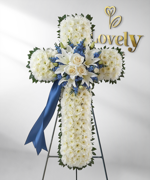 Grace & Peace: Blue and White Standing Floral Cross Tributes