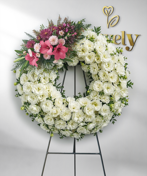 Luxury White Carnation Funeral Wreath with Pink Floral Accent