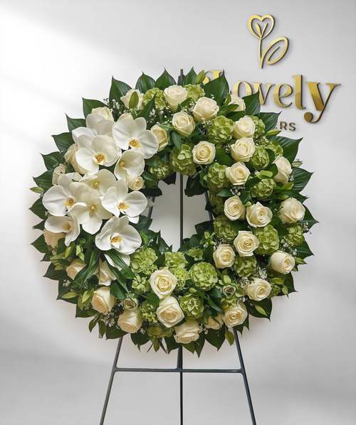 Elegant White Rose & Orchid Funeral Wreath