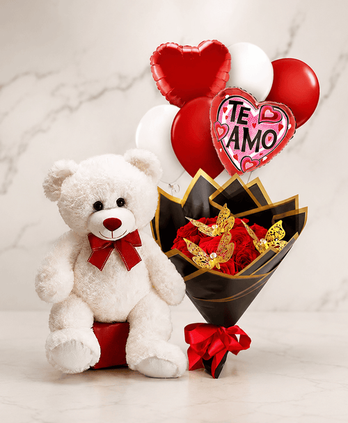 COMBO #26  Heartfelt Rose & Bear + 12 Red Roses + Balloons