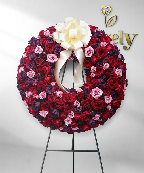 Luxury Red, Pink & Purple Rose Funeral Wreath with White Ribbon