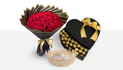 25 Roses + Heart Chocolate Box + Crown