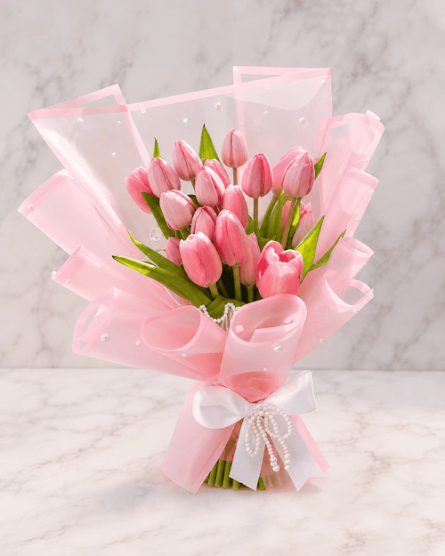 10 Pink Tulips Bouquet + White Pearl Mesh