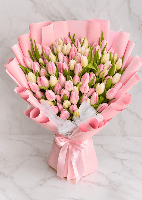 100 Tulips Bouquet with Tissue and Floral Wrap