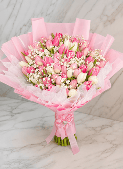 50 Tulips Bouquet with Baby’s Breath, Tissue Paper