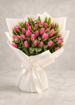 30 Pink Tulips Bouquet with Eucalyptus