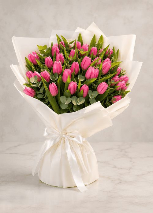 30 Pink Tulips Bouquet with Eucalyptus