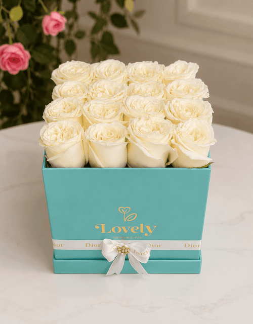 Medium Tiffany Square Box with 16 White Roses