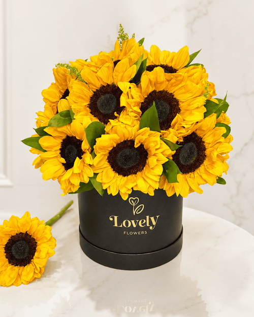 Medium Round Black Box with 20 Sunflowers