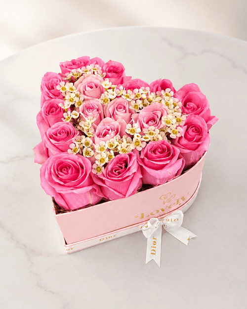 Small Pink Heart Box with 20 Pink Roses and Wax Flowers