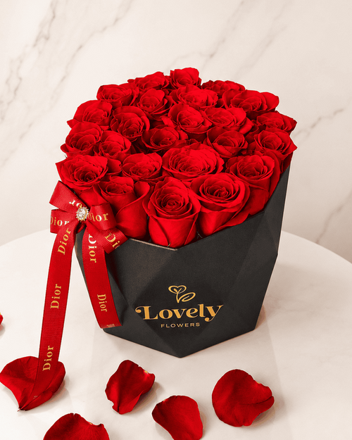 Flat Black Diamond Box with 25 Red Roses