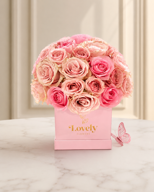 Elegant Pink Square Box with 25 Pink Roses