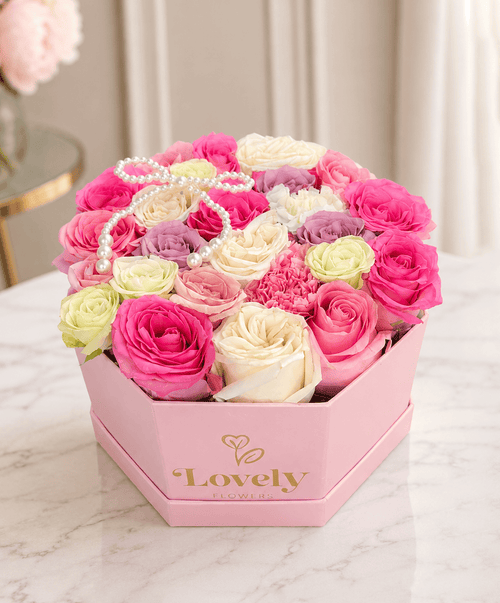 Lovely Pink Hexagonal Flower Box 25 Roses