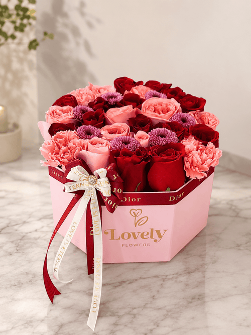 Pink Hexagonal Rose Box with Dior-Style Ribbon