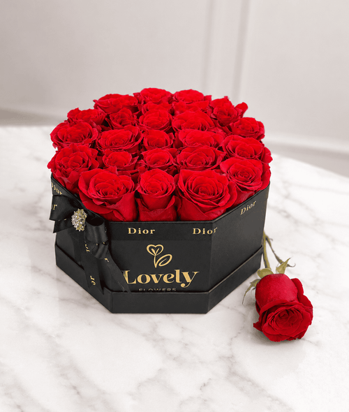Black Hexagonal Box with 25 Red Roses