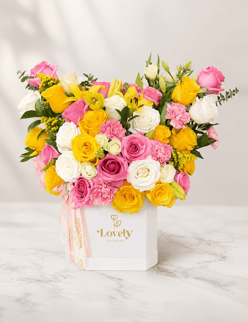 White Flat-Corner Box with 30 Roses and Mixed Flowers