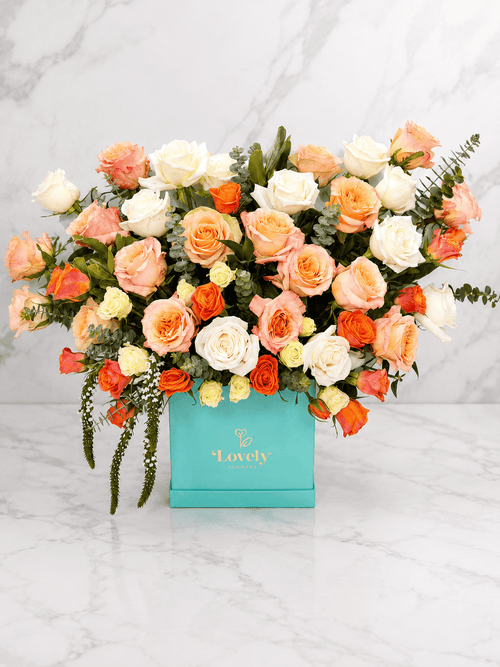 Tiffany Blue Flat-Corner Box with Roses, Spray Roses and Eucalyptus
