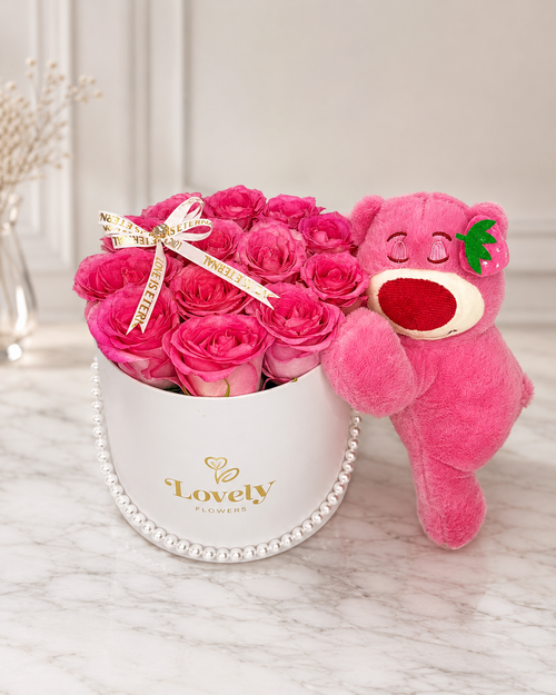Large White Pearl Round Box with Pink Roses + Lotso Plush