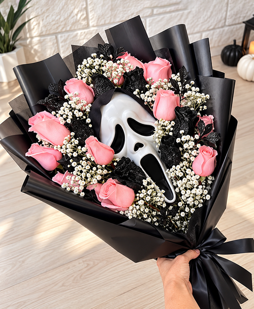 25 Roses Pink & Black SCREAM Bouquet