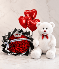 COMBO #18  50 Red Roses Crowned Forever Love + balloon + teddy Bear
