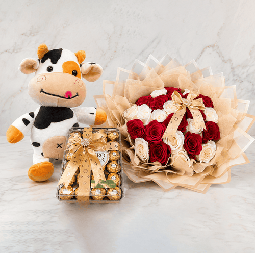 COMBO #20  Sweet Moo 25 White & Red Rose