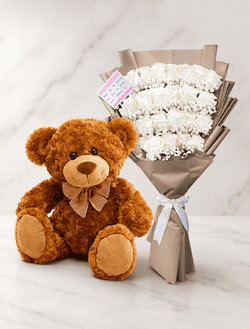 COMBO #27  Pure Love Teddy + 12 Flat White Roses