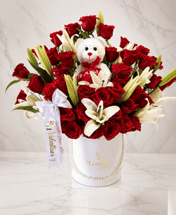 35 Roses + Lilies Round White Pearl Box + Teddy Bear