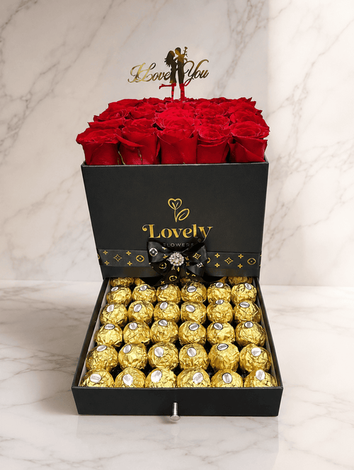 Flat Red Roses & Chocolates Black Drawer Box