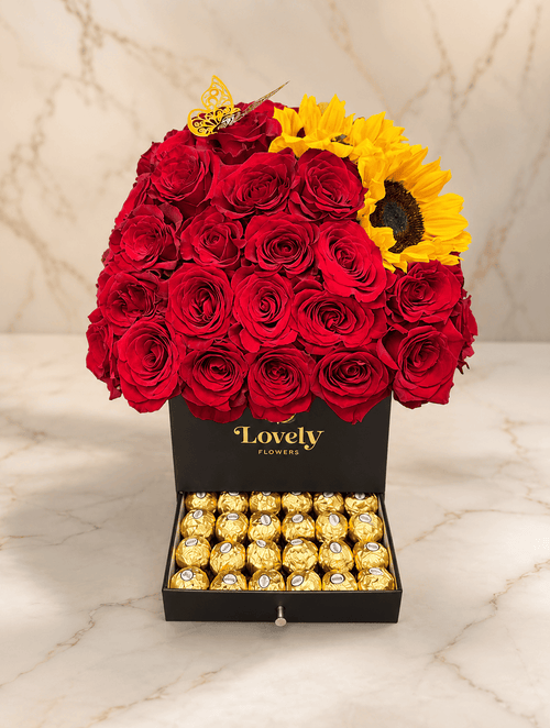 Black Drawer Box with Red Roses, Sunflowers & Chocolates