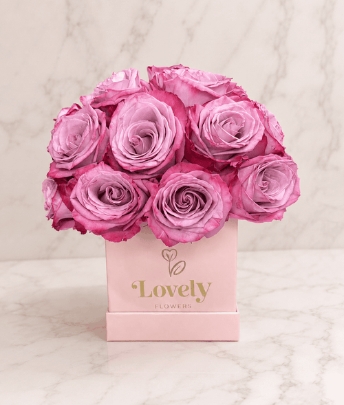 Pink Box with 25 Soft Purple Roses