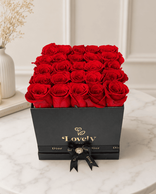 Black Square Box with 25 Red Roses