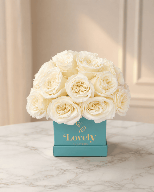 Elegant Small Tiffany Square Box with 25 White Roses