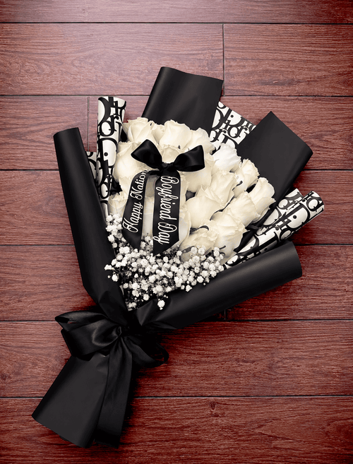 12 White Roses + Baby Breath